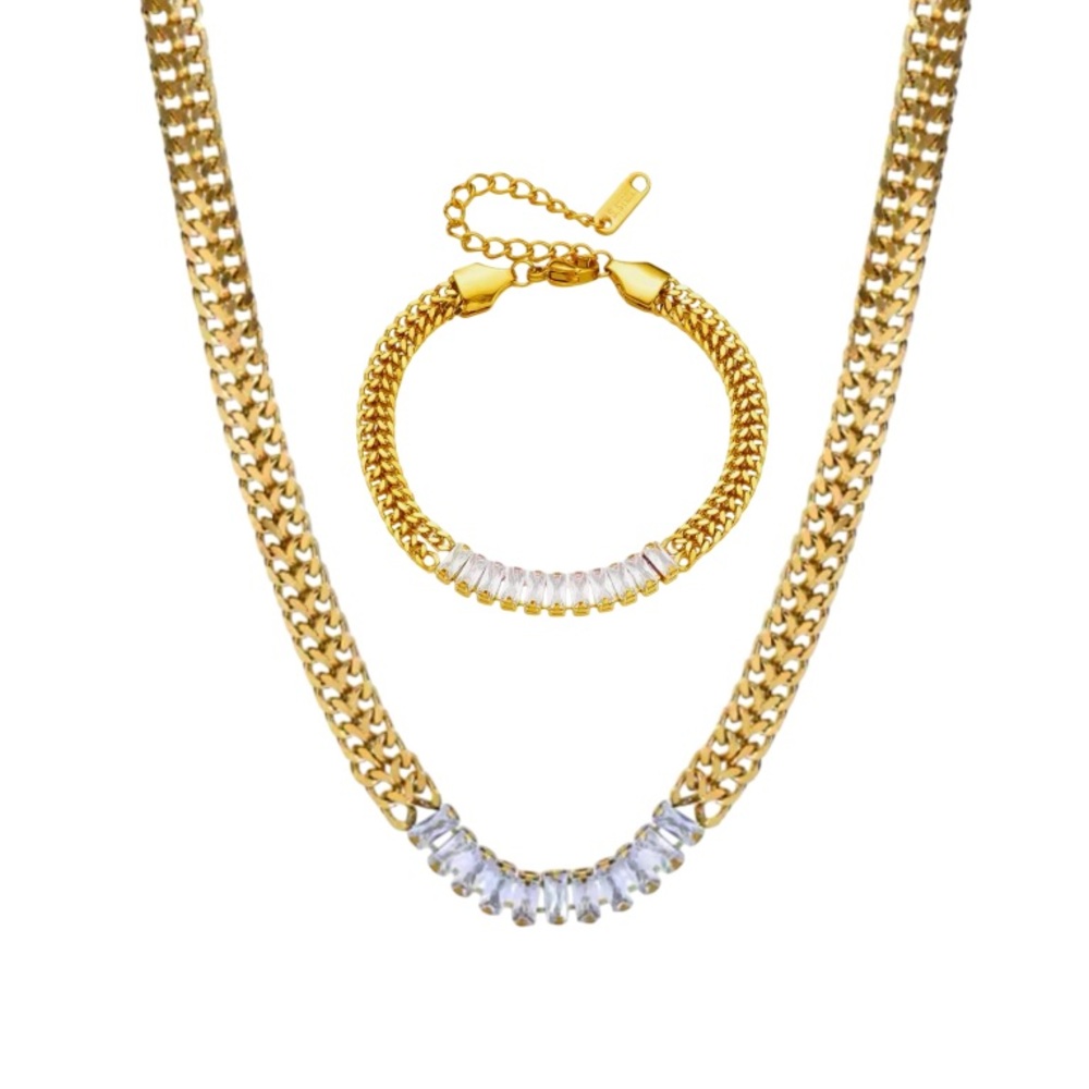 CZ Double Gold Chain Necklace and Bracelet Set